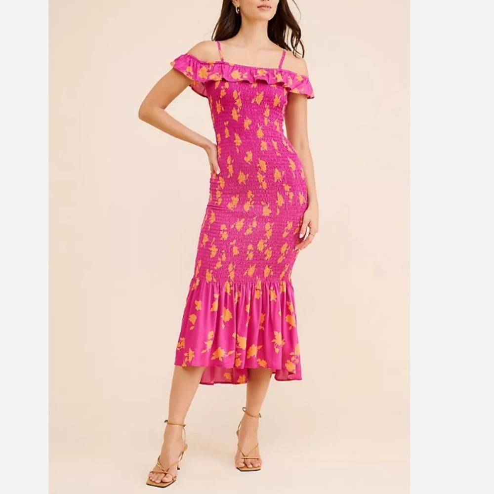 NWT Anthropologie Women Dress Midi Pink Smocked Off Shoulder Summer